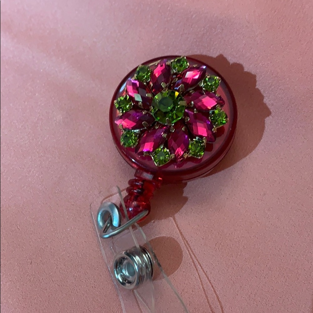 Pink and green rhinestone badge reel